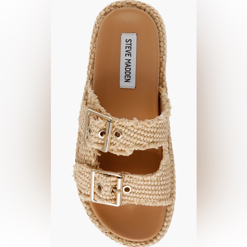 Steve Madden Kerrigan Beige Woven Slide Sandals with Gold Buckles